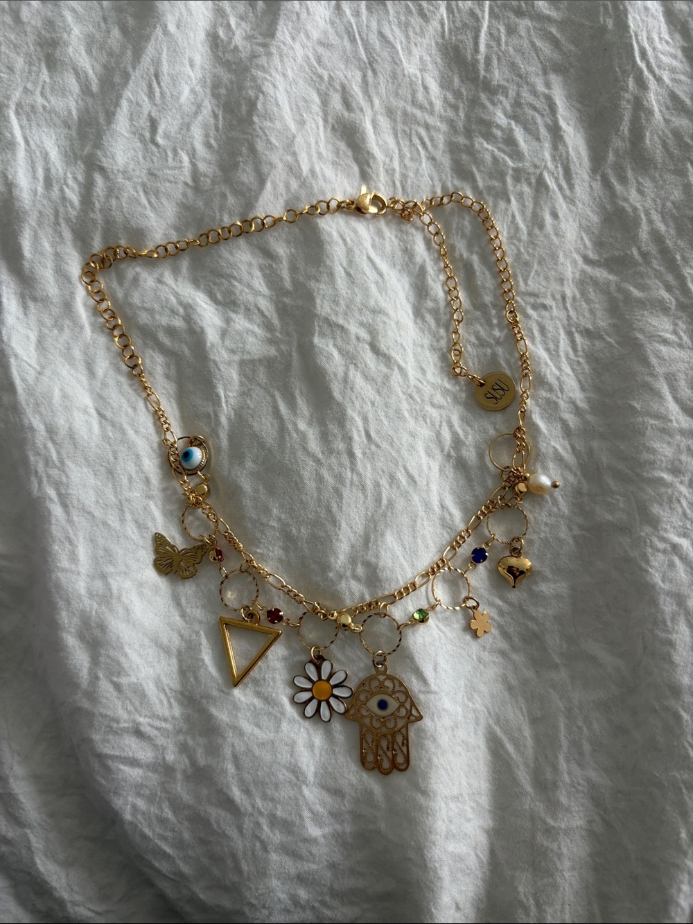 Gold-Tone Charm Necklace with Hamsa, Daisy & Eye Charms